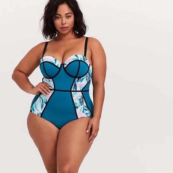 Torrid Teal Palm Print Underwire One-Piece Swimsuit 1-D/DD NWOT